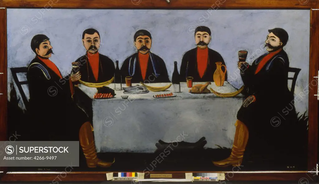 Men drinking wine by Niko Pirosmani, Oil on oilcloth, 1906, 1862-1918, Georgia, Tbilisi, State Georgian Art Museum,