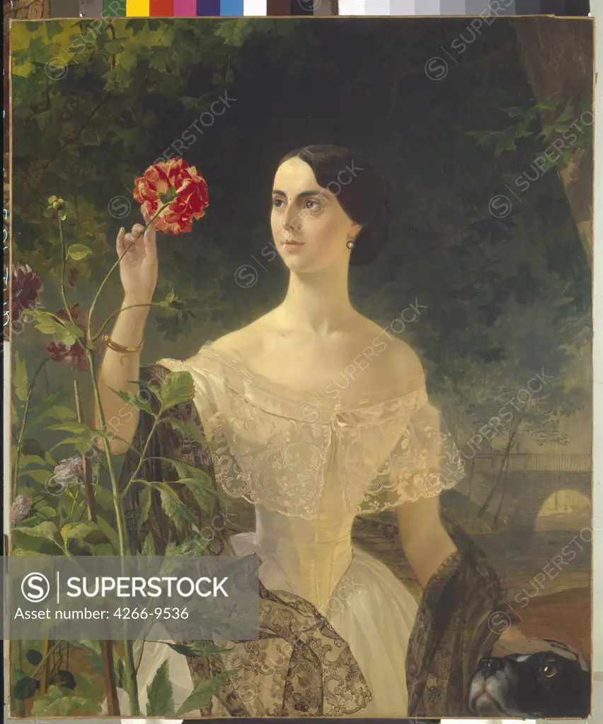Portrait of woman with red flower by anonymous artist, painting, Russia, St. Petersburg, State Russian Museum,