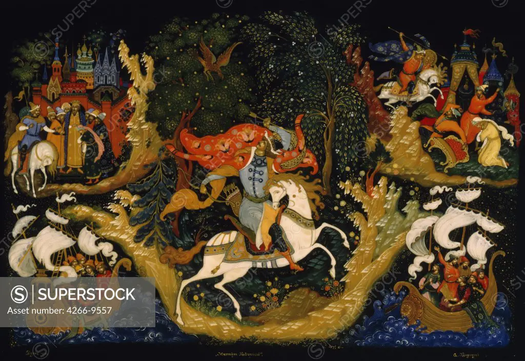 Knight riding white horse by anonymous artist, painting, Russia, Palekh, Museum of Palekh Russian Lacquer Art,