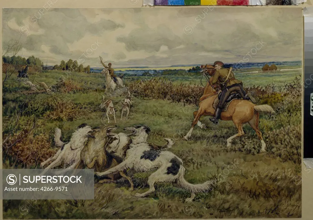 Hunters on horses by anonymous artist, painting, Russia, Moscow, State Central Military Museum,