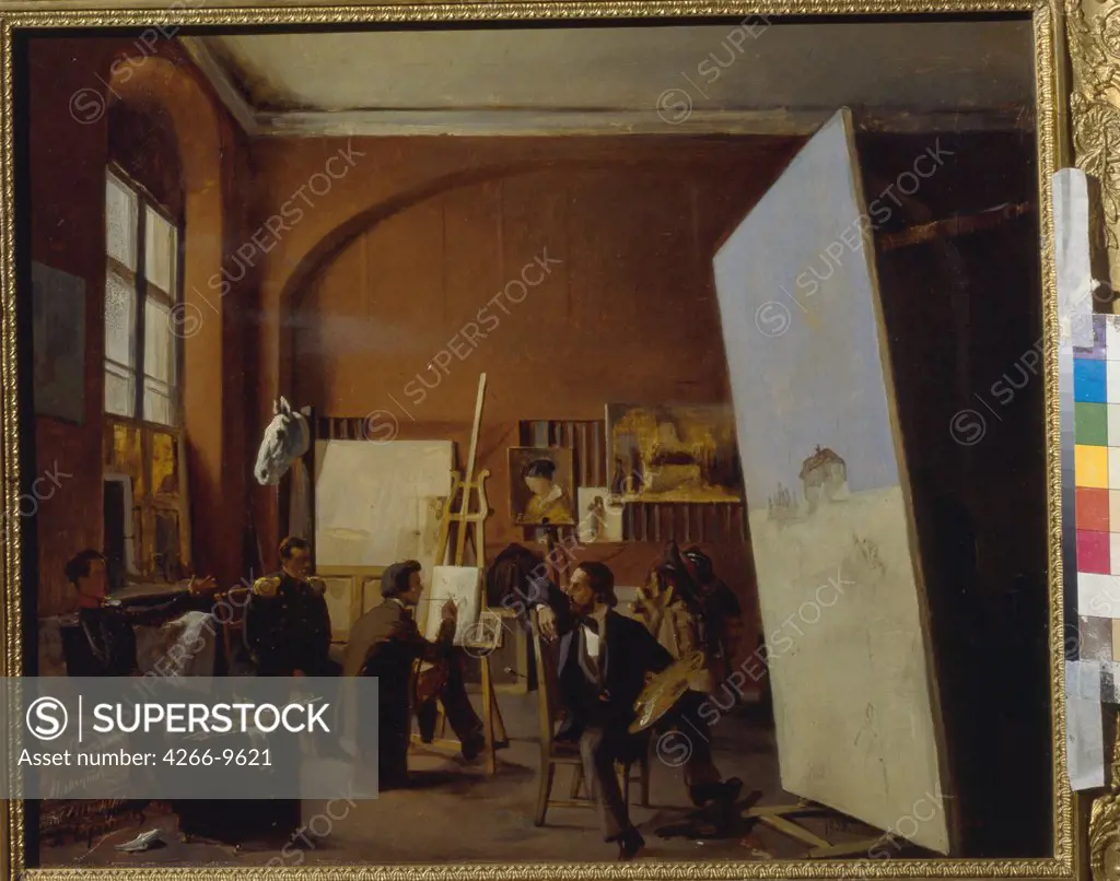 Russian painter Vasily Maksutov in Art Studio by anonymous artist, painting, Russia, Moscow, State Tretyakov Gallery, 46x55