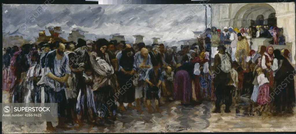 Beggars waiting for assistance in front of church by anonymous artist, painting, Russia, Moscow, State Tretyakov Gallery, 145, 8x229