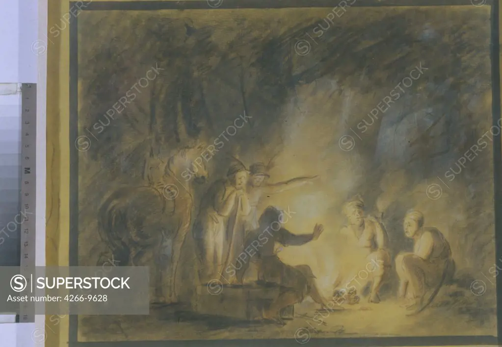 People sitting next to campfire by anonymous artist, painting, Russia, St. Petersburg, State Russian Museum