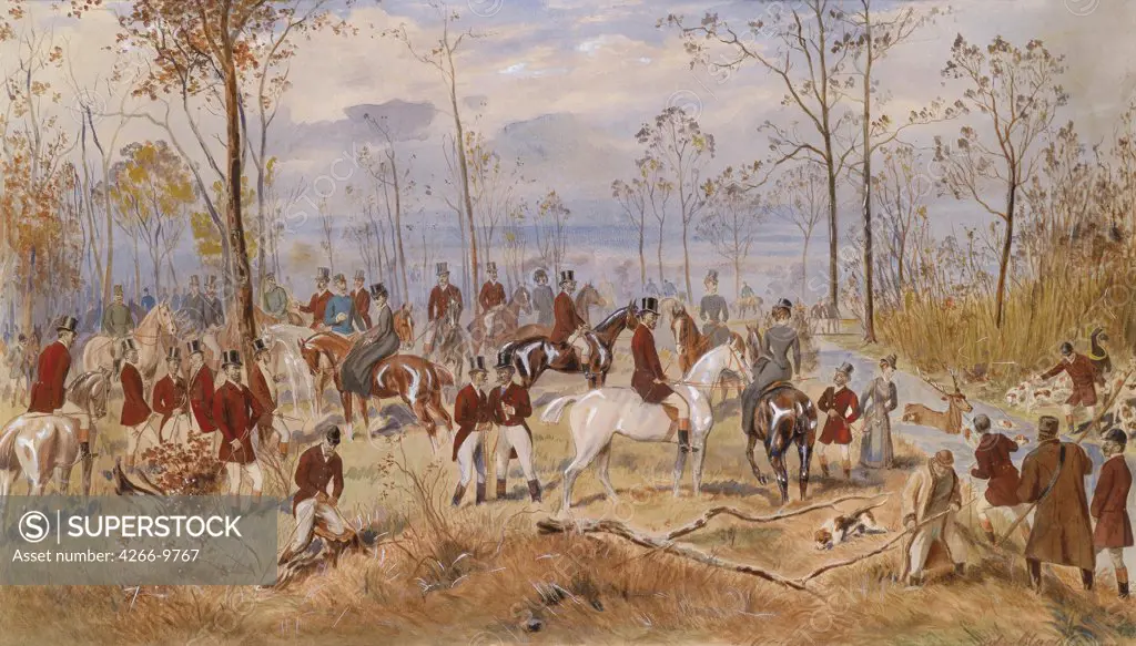 Fox hunting by Julius von Blaas, Watercolor on paper, 1845-1922, Private Collection, 71x41