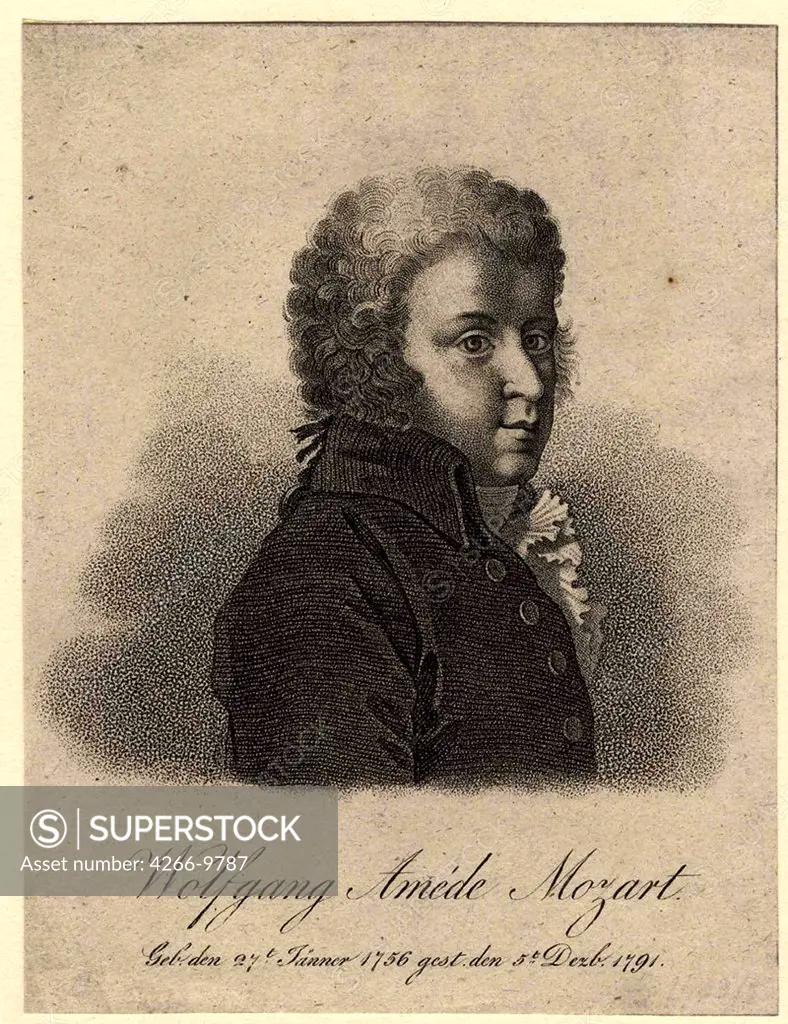 Portrait of the composer Wolfgang Amadeus Mozart by Pierre Alexandre Tardieu, Copper engraving, 1756-1844, Private Collection
