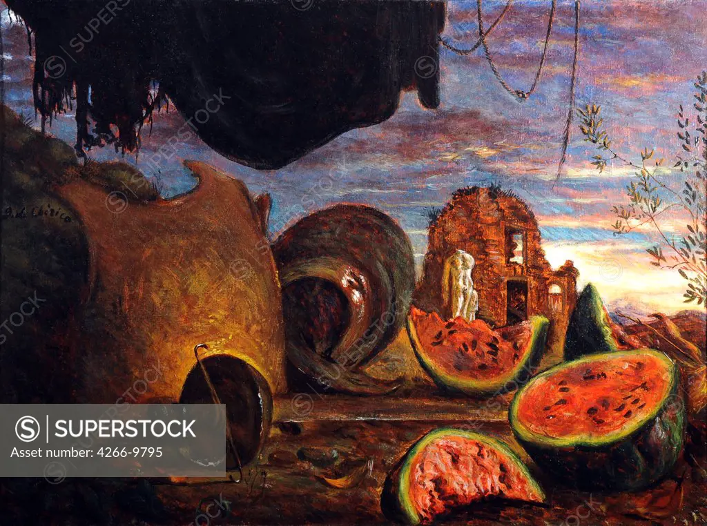 Private Collection De Chirico, Giorgio (1888-1978) Watermelons and Armour in (Cocomeri con corazze e paesaggio) 74x100 18935 Oil on canvas Surrealism