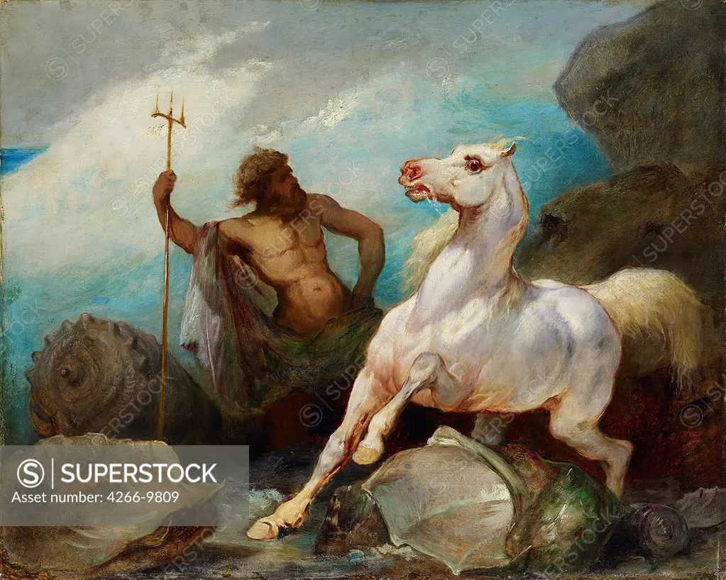 Neptune Creating Horse by Edouard Alexandre Odier, Oil on canvas, 1800-1887, Private Collection, 65x81
