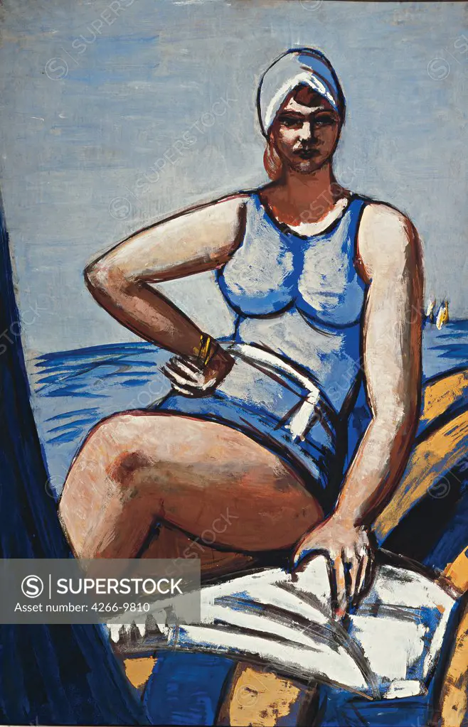 Private Collection Beckmann, Max (1884-1950) Quappi in Blue in a Boat 88,5x58 18949 Gouache and oil on cardboard Expressionism
