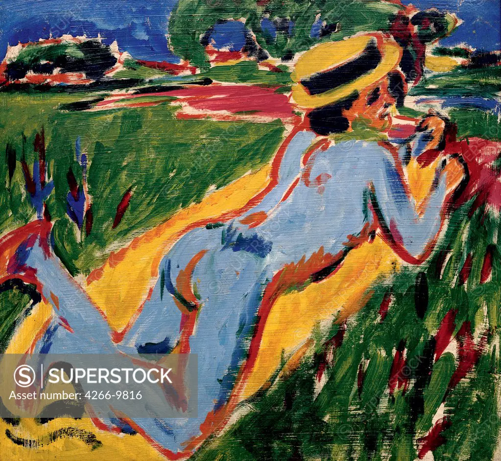 Private Collection Kirchner, Ernst Ludwig (1880-1938) Recycling Blue Nude in a Straw Hat 68x72 18954 Oil on cardboard Expressionism