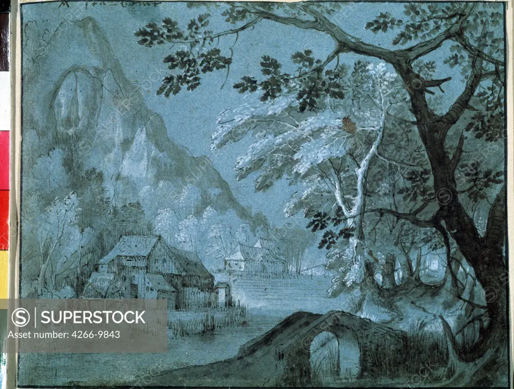 Landscape with a mill at mountain lake by Adriaen van Stalbemt, Pen, brush, brown and white color on grey-blue paper, 1610-1620s, 1580-1662, Russia, Moscow, State A. Pushkin Museum of Fine Arts, 14, 8x18, 6