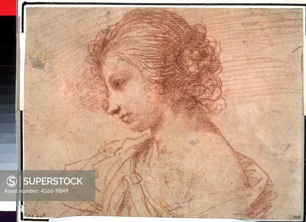 Illustration of young woman by Guercino, Sanguine on paper, 1591-1666, Russia, Moscow, State A. Pushkin Museum of Fine Arts, 11, 6x15, 2