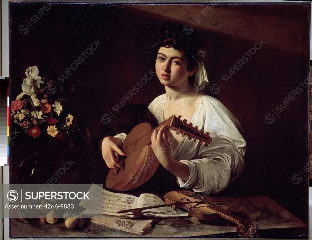 Portrait of woman playing lute by Michelangelo Caravaggio, Oil on canvas, circa 1595, 1571-1610, Russia, St. Petersburg, State Hermitage, 94x119