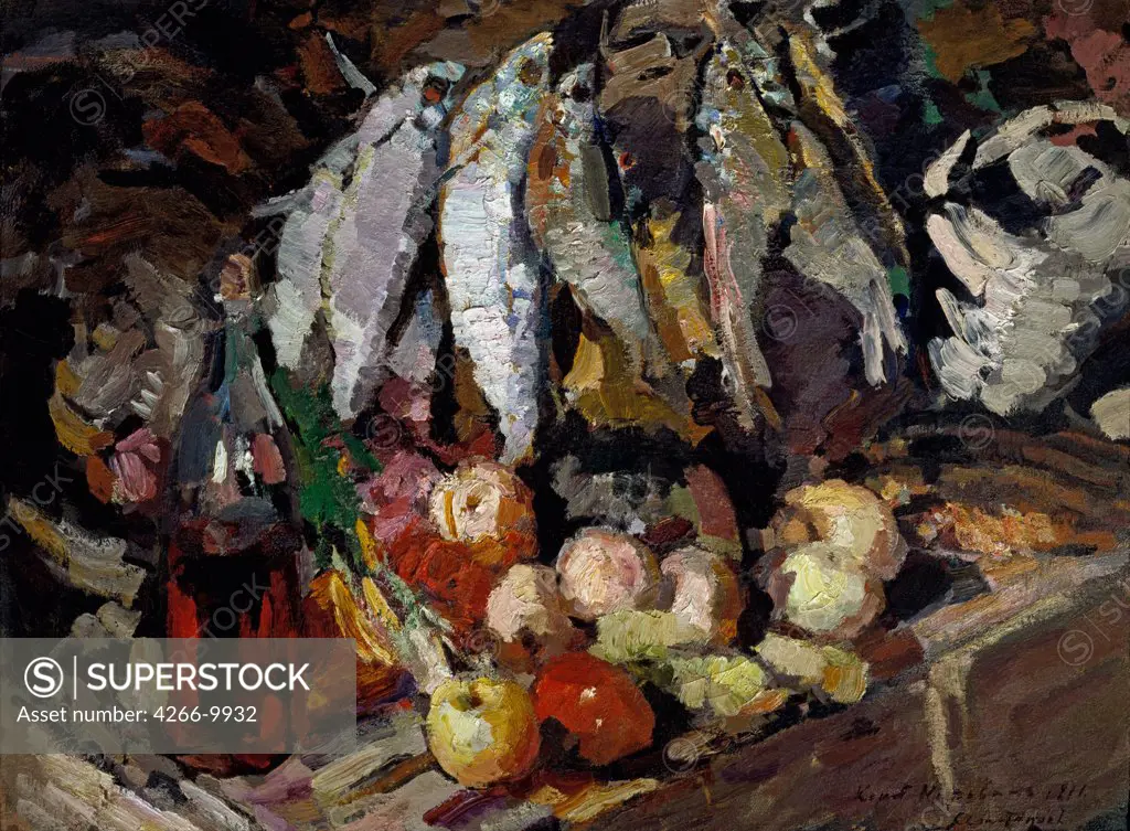 Illustration with bottle and food by Konstantin Alexeyevich Korovin, Oil on canvas, 1916, 1861-1939, Russia, Moscow, State Tretyakov Gallery, 64, 7x86, 8