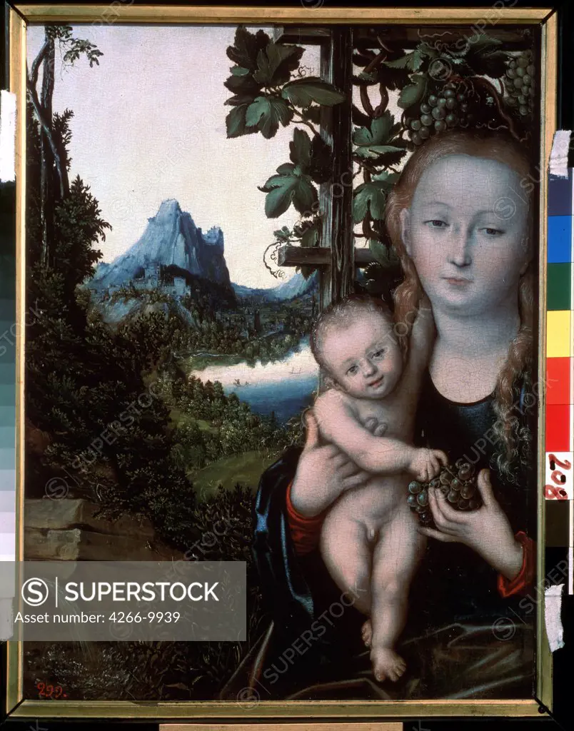 Religious illustration with Virgin Mary and Jesus Christ as child by Lucas Cranach the Elder, Oil on wood, circa 1520, 1472-1553, Russia, Moscow, State A. Pushkin Museum of Fine Arts, 58x46