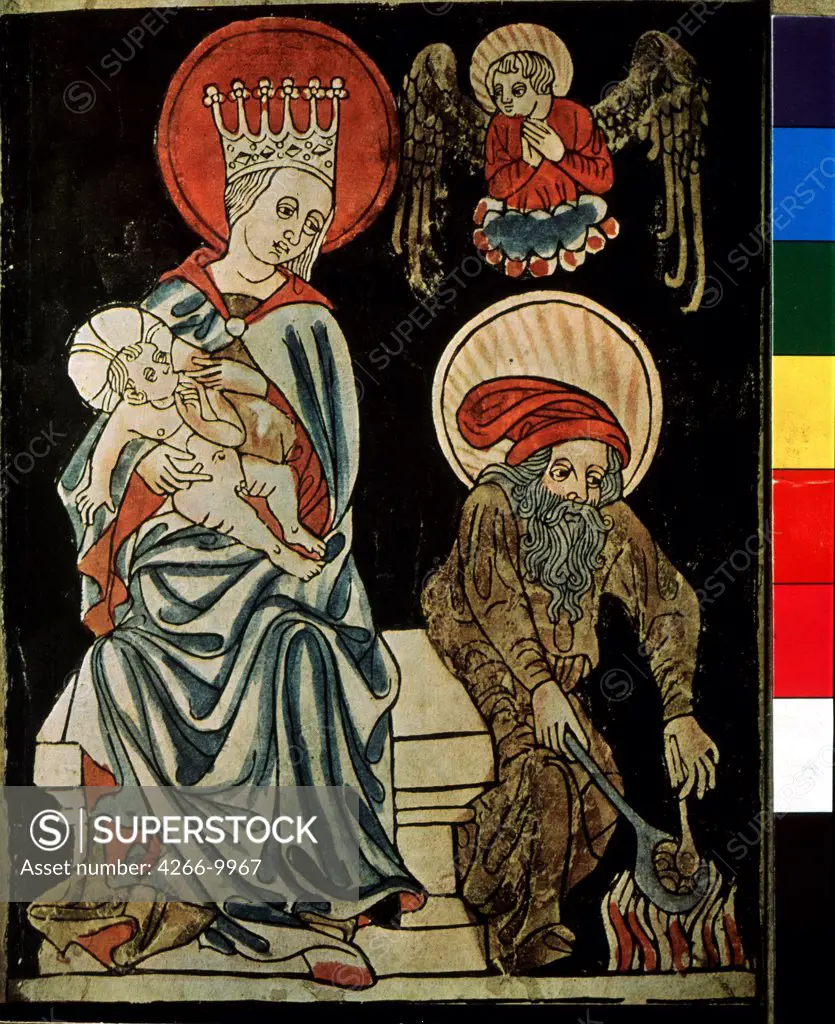 Holy family by German master, Woodcut, watercolor, circa 1410, Russia, Moscow, State A. Pushkin Museum of Fine Arts