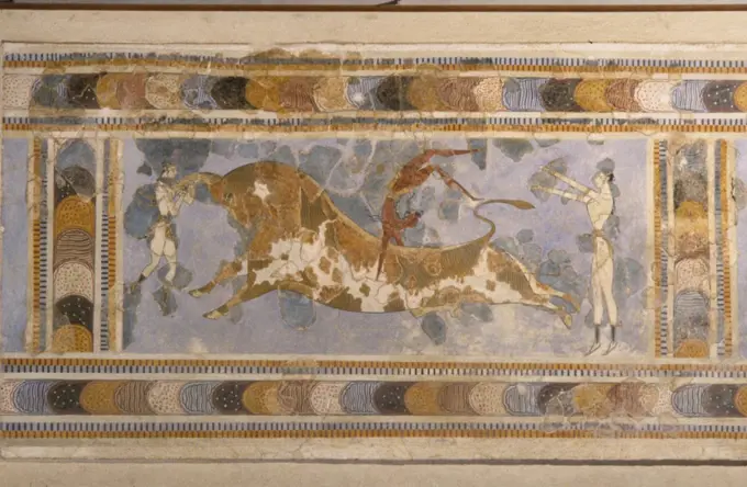 Bull-Leaping (from the Palace Complex of Knossos) by Bronze Age culture   / Heraklion Archaeological Museum, Crete / ca 1450 BC / Greece / Fresco / Genre,Mythology, Allegory and Literature /Minoan civilization