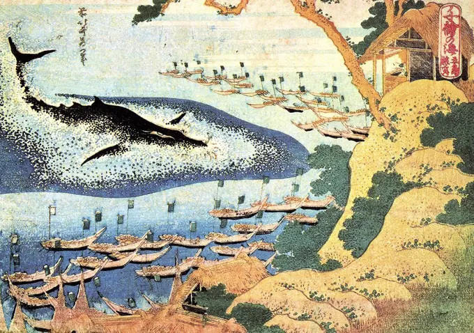 Whale in harbor by Katsushika Hokusai, color woodcut, 1833, 1760-1849, Russia, Moscow, State A. Pushkin Museum of Fine Arts, 25x37