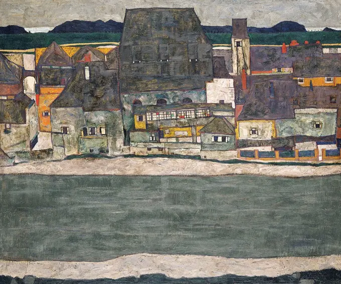 Houses on the River (The Old Town) by Schiele, Egon (1890Ð1918) Thyssen-Bornemisza Collections 1914 Oil on canvas 100x120,5 Austria Expressionism Landscape Painting