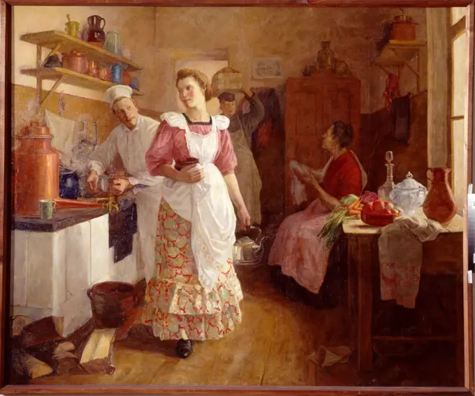 In the kitchen by Ivanova-Bronevskaya, Olga Vasilyevna (1878-)  Museum of Fine Arts Academy, St. Petersburg  1913  Russia  Oil on canvas  Painting  Genre