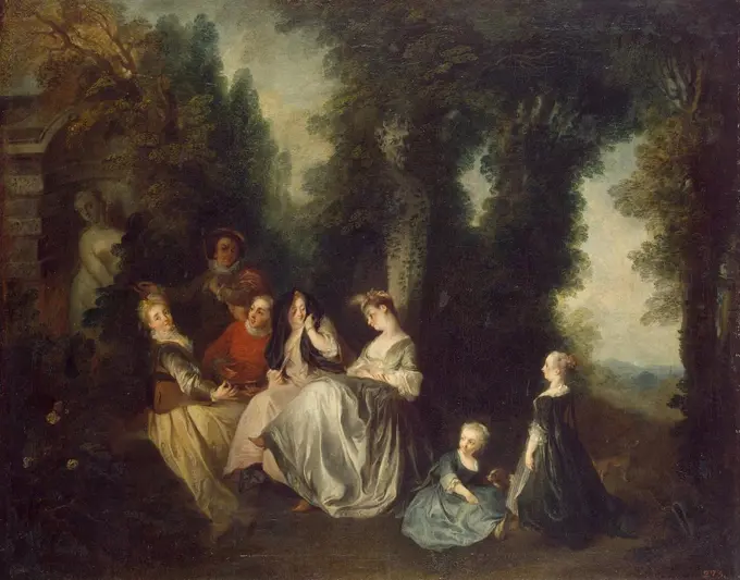 People relaxing in park by Nicolas Lancret, Oil on canvas, 1690 -1743, Rococo, 1690-1743, Russia, St. Petersburg, State Hermitage, 99x132