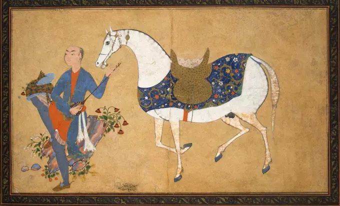 Illustration with man and horse by Sharaf al-Husayni al-Yazdi, gouache on paper, circa 1595, active 16th century, Russia, St. Petersburg, State Hermitage, 12x20, 8