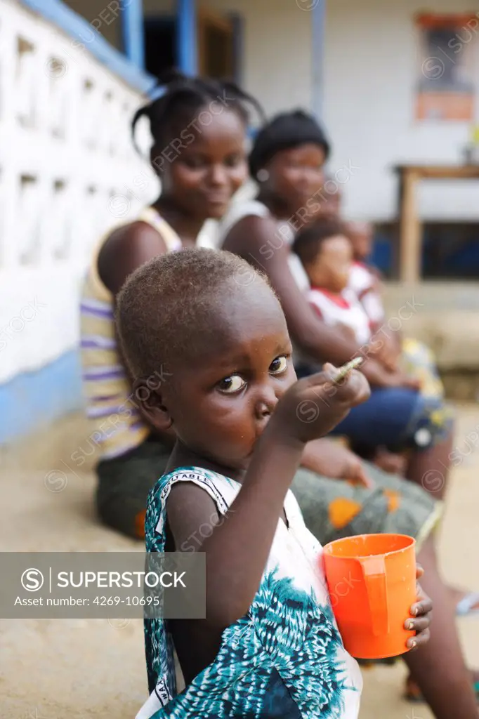 Undernourished child suffering from kwashiorkor in a Therapeutic Feeding Center in Monrovia, Liberia, implemented by Action contre la Faim (ACF), an international non-governmental organisation (Action against Hunger).