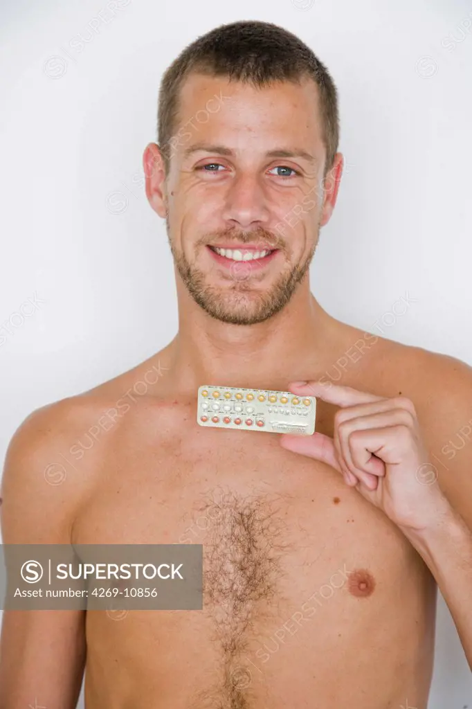 Illustration of contraceptive pill for man.
