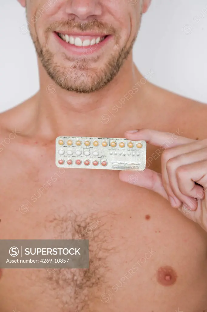 Illustration of contraceptive pill for man.
