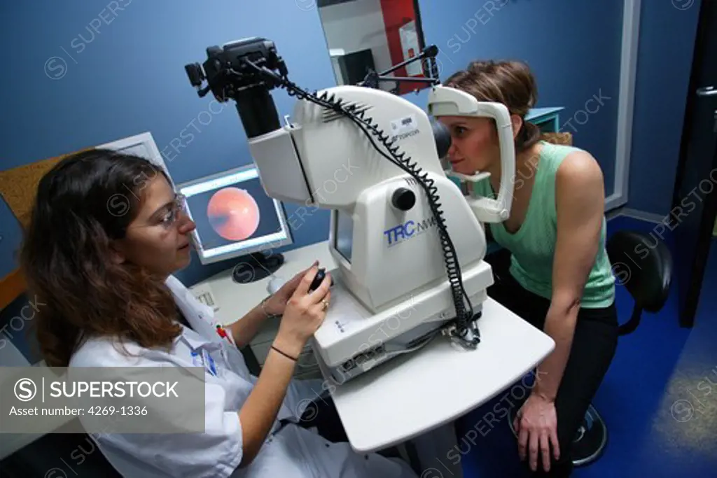 Department of ophthalmology of Lariboisière Hospital, Paris, France. A technician (not a doctor) realises digitized photographies of the fundus of the eye of a patient with a non-mydriatic retinograph. The photos are then teletransmitted to ophthalmologists to be interpreted in different remote hospitals. The screening of this pathology and the care result imroved and faster.