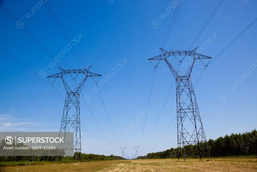 Pylons supporting high voltage power lines.