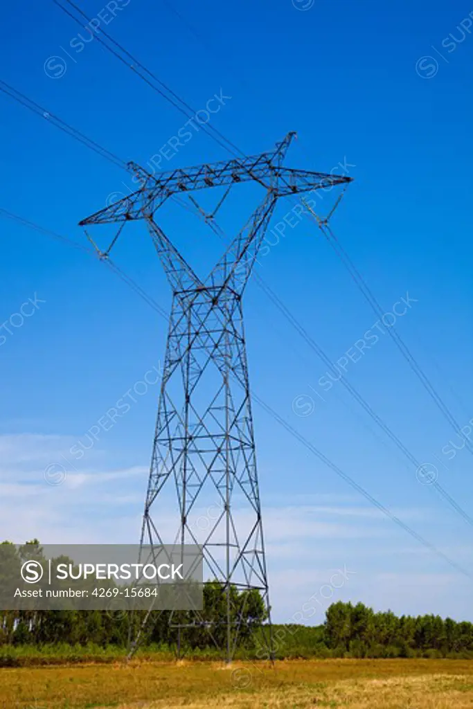 Pylons supporting high voltage power lines and nuclear power plant of Nogent-sur-Seine, Aube, France.