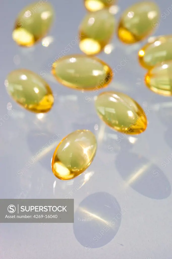 Fish oil gelatine capsule and vitamin.