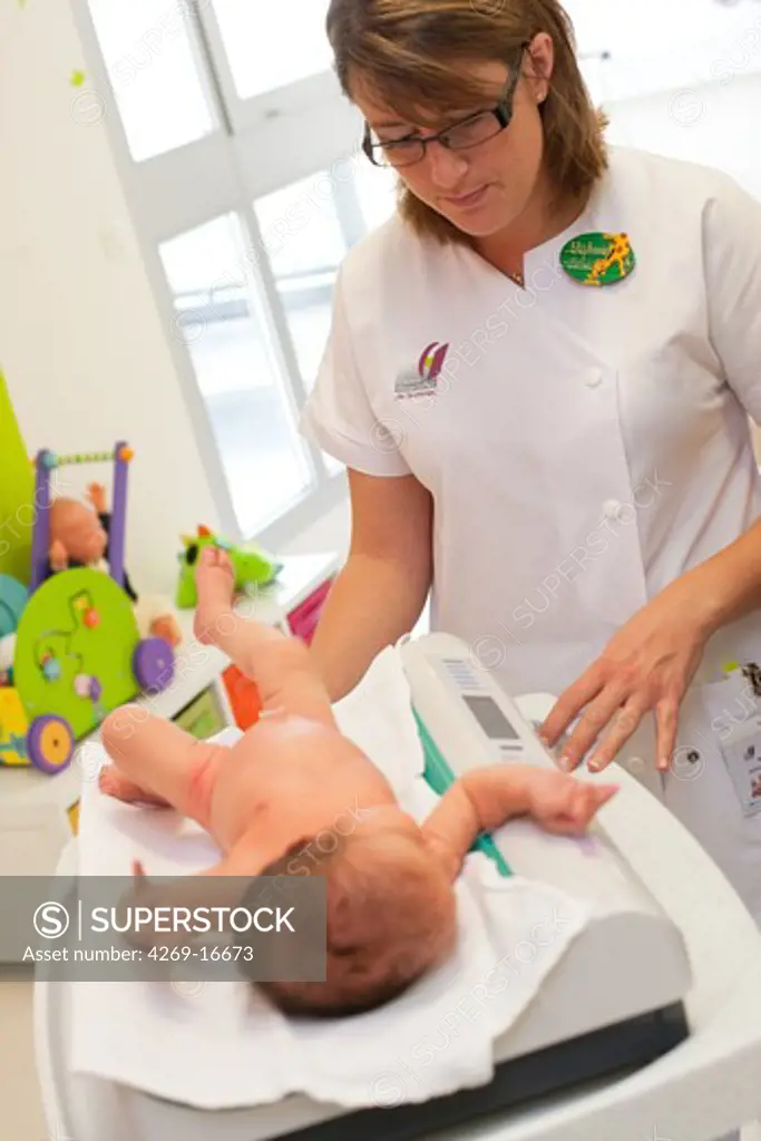 Pediatric auxiliary nurse weighing a newborn baby. Obstetrics and gynaecology department, Saintonges hospital, Saintes, France.