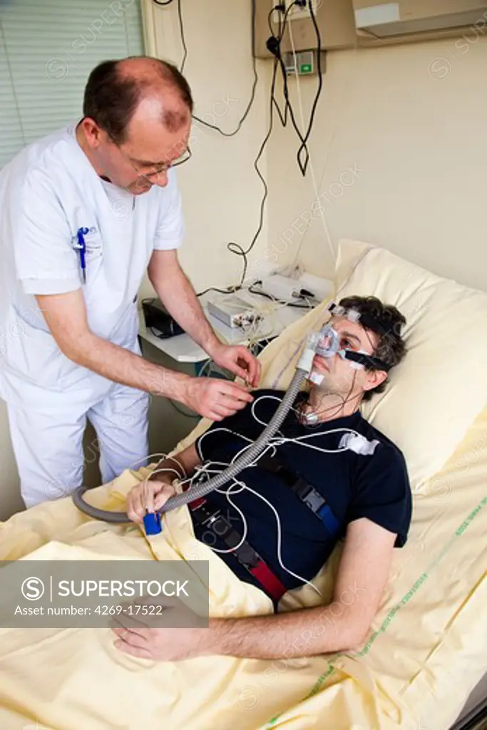 Patient suffering from Obstructive Sleep Apnea Syndrome (OSAS) connected to a continuous positive airway pressure device (CPAP).