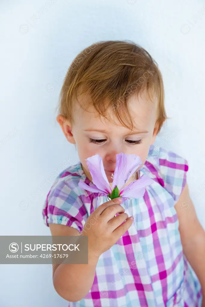 20 months old baby girl smelling a flower.