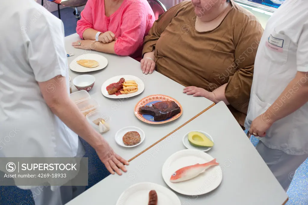 A nurse is holding a nutritional education workshop for obese patients. Limoges hospital offers its obese patients requiring hospitalization for five days for a multidisciplinary management of obesity. Department of Internal Medicine, Endocrinology, Diabetes and Metabolic Diseases. Limoges, France