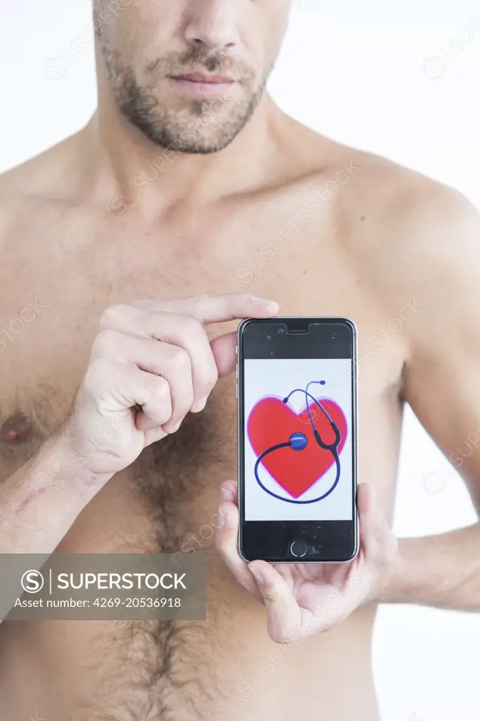 Man using health application on his Iphone®.