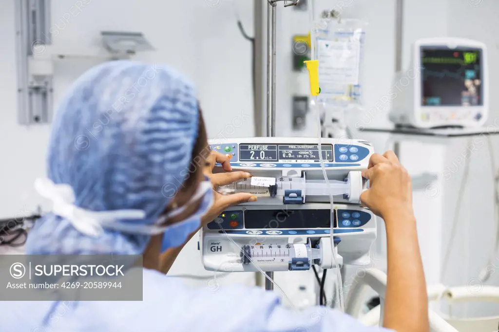 Electric syringe pump in intensive care unit.