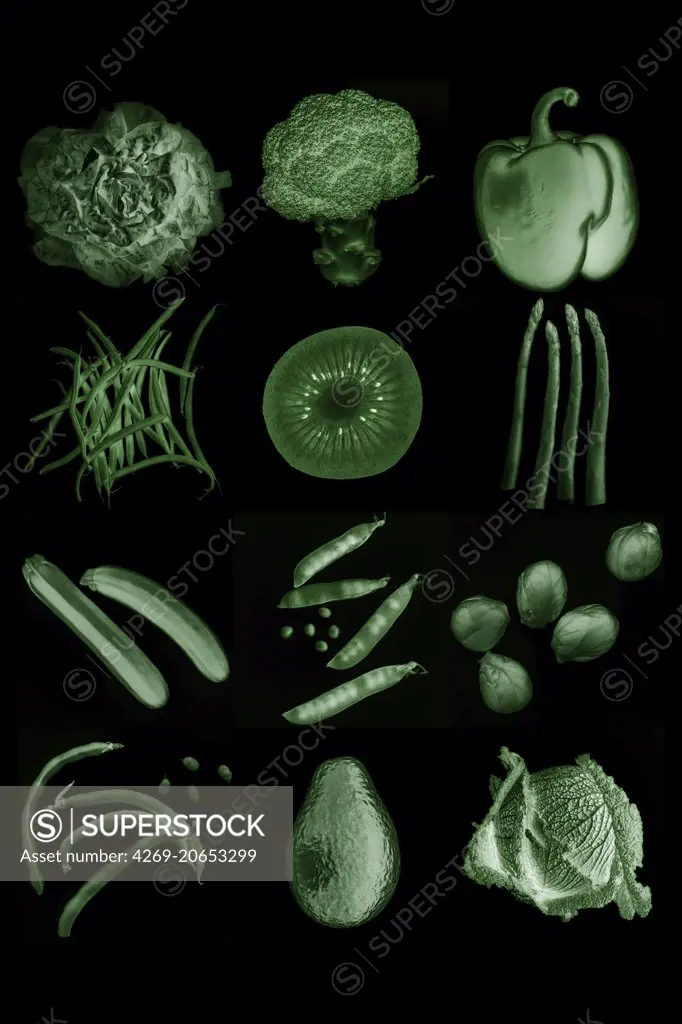 Assorted green fruits and vegetables.