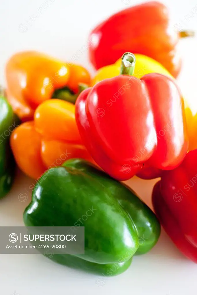 Green, yellow orange and red bell peppers.