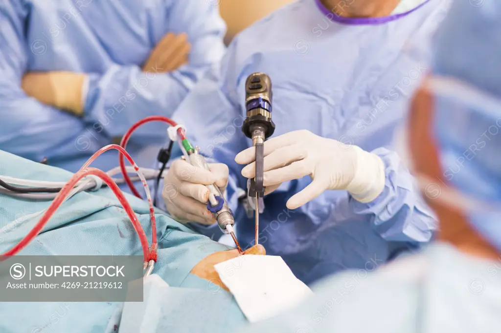 Sinus surgery, Surgeons performing functional endoscopic sinus surgery, Limoges hospital, France.