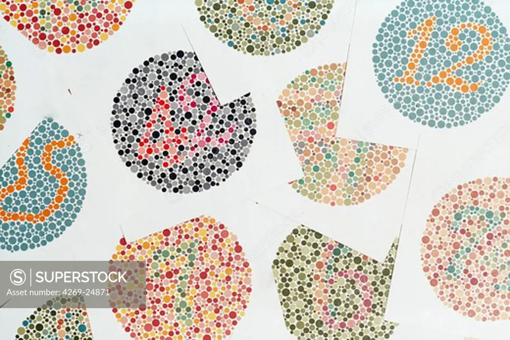Color-blindness. Ishihara color vision test plates used for color blindness screening.