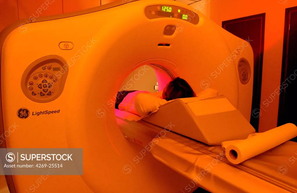3D CT scan. Patient undergoing a 3D Computed Tomography (CT) scan.
