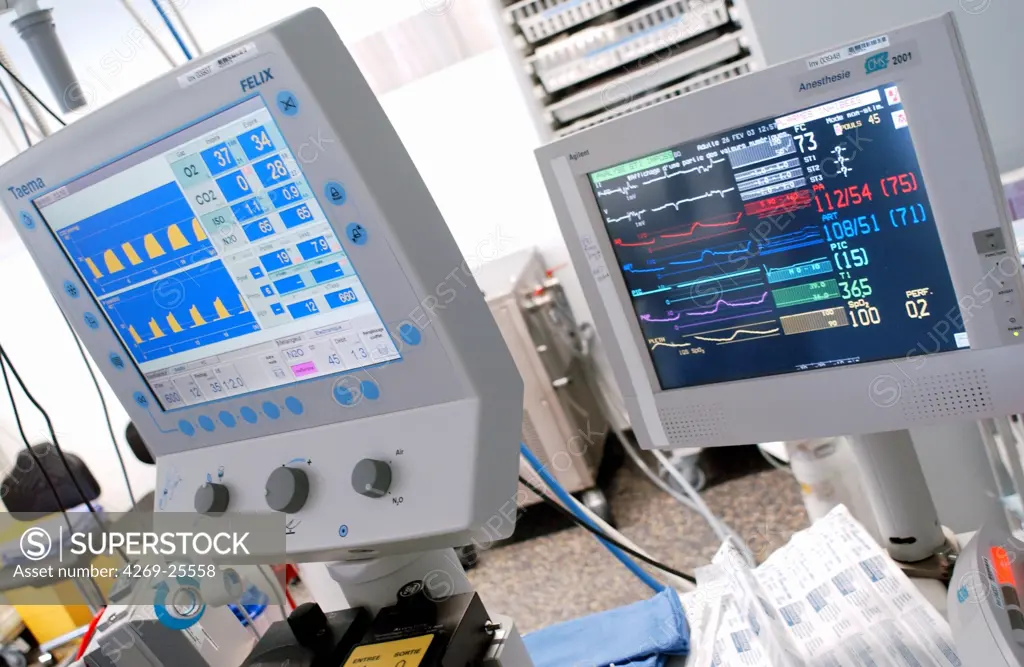 Anaesthesia. Anaesthesia monitoring screen. This monitor shows the patient's vital signs during surgical procedure.