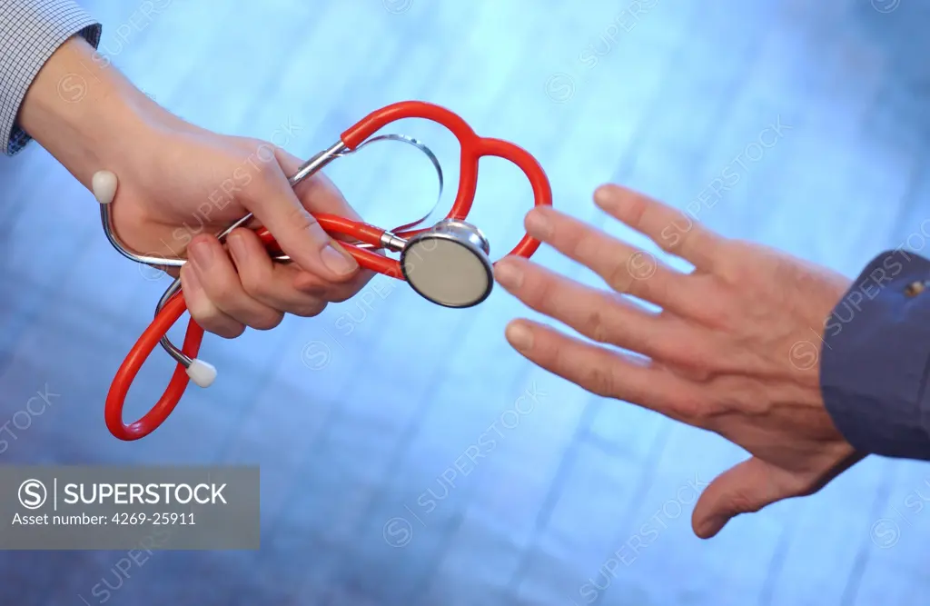 Substitute doctor. Hand passing on a stethoscope : illustration of the substitute doctor.