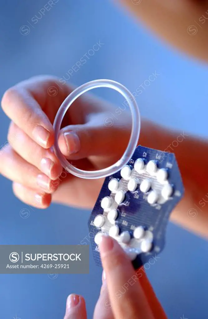 Contraception. Vaginal ring and contraceptive pills. The vaginal ring (Nuvaring) is a hormonal estroprogestative contraceptive. Inserted into the vagina, it slowly releases estrogen and progestin hormones into the body. These hormones stop ovulation and thicken the cervical mucus, creating a barrier to prevent sperm from fertilizing an egg.
