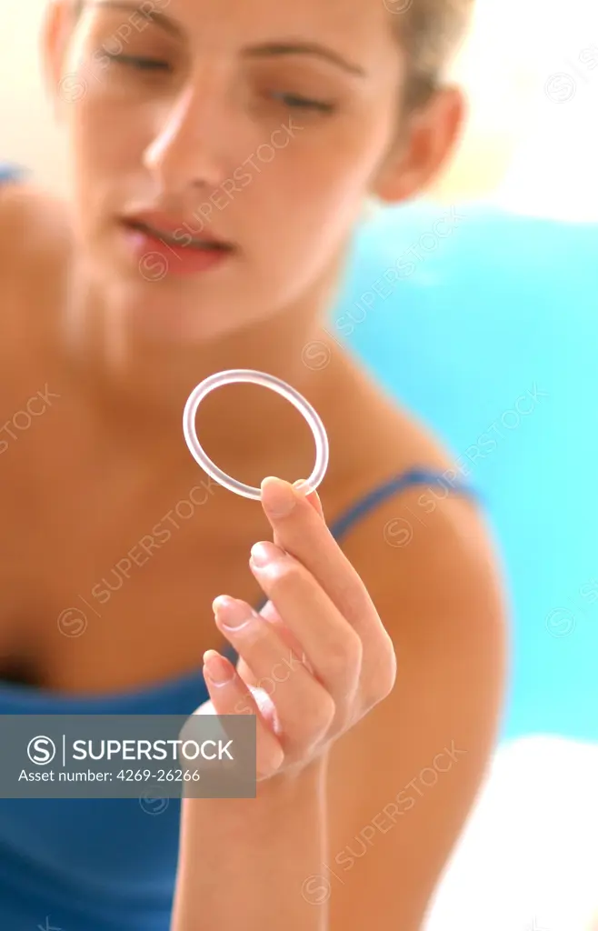 Contraception. The vaginal ring (Nuvaring) is a hormonal estroprogestative contraceptive. Inserted into the vagina, it slowly releases estrogen and progestin hormones into the body. These hormones stop ovulation and thicken the cervical mucus, creating a barrier to prevent sperm from fertilizing an egg.