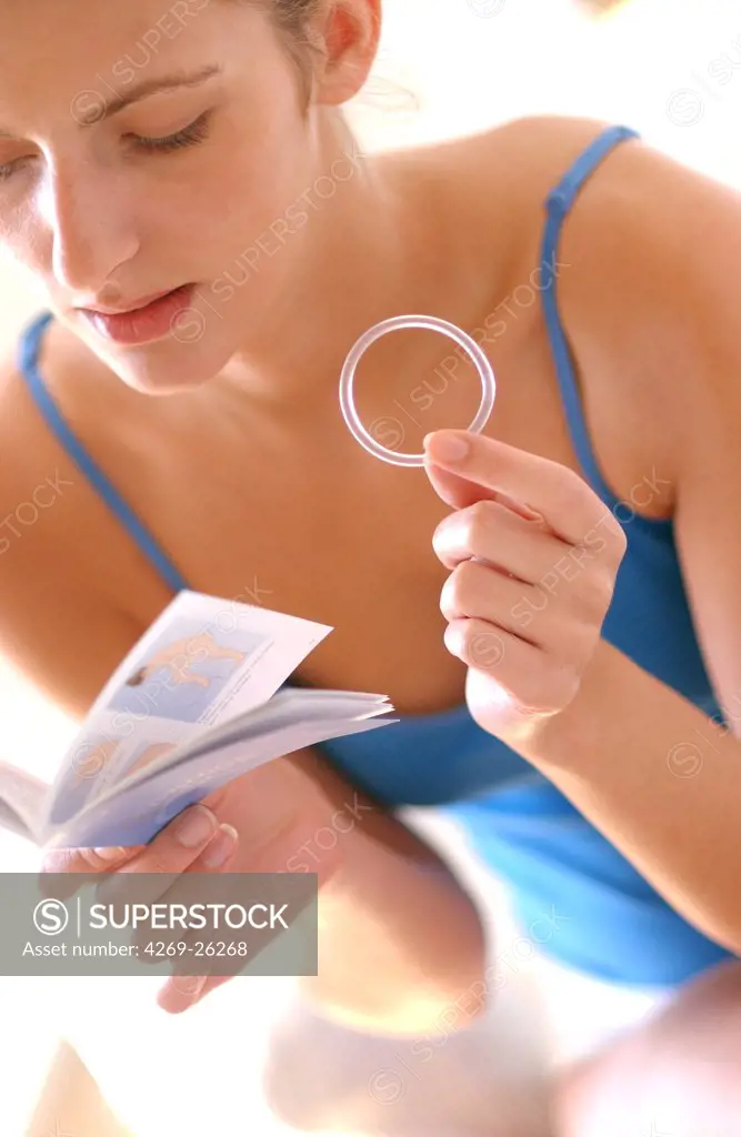 Contraception. The vaginal ring (Nuvaring) is a hormonal estroprogestative contraceptive. Inserted into the vagina, it slowly releases estrogen and progestin hormones into the body. These hormones stop ovulation and thicken the cervical mucus, creating a barrier to prevent sperm from fertilizing an egg.