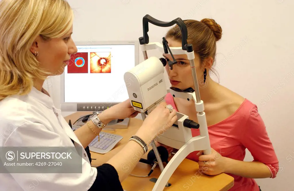 Ophthalmology. A patient undergoes eye examination with a new digital diagnostic technique : the HRT2 using the Confocal SLO technique (Scanning Laser Ophthalmoscope).