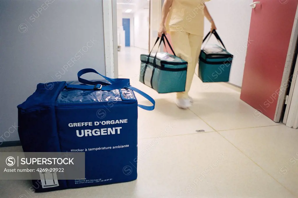 Organ transplantation. Surgical team about to perform organ harvesting bringing the containers used for organ transport. La Source hospital, OrlÈans, France.